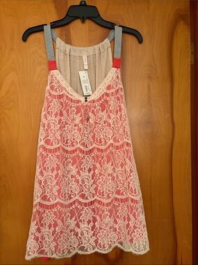 Xhilaration Coral Pink Chemise with White Lace Overlay